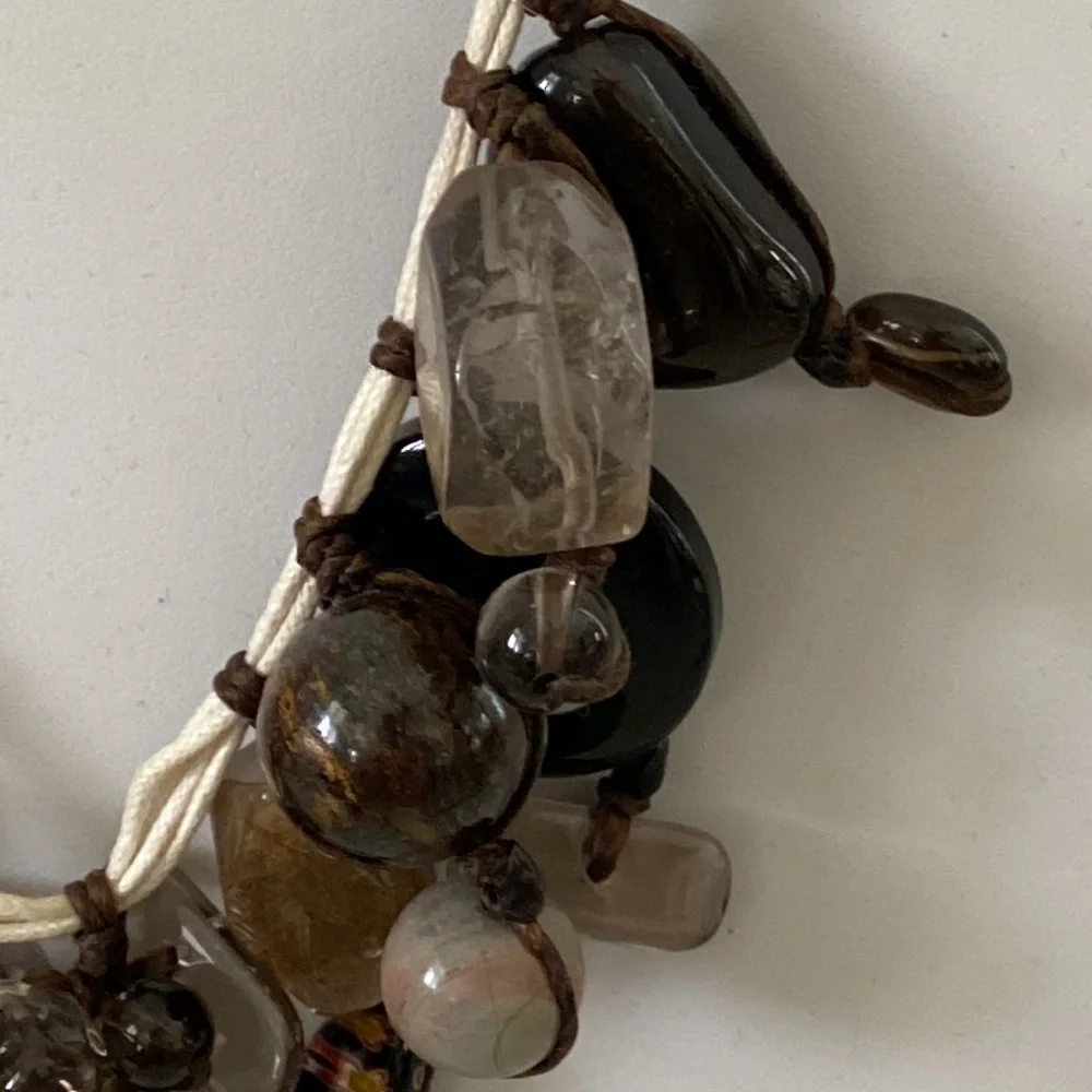 Polished Stone and Millefiori Flower Glass bead necklace rustic